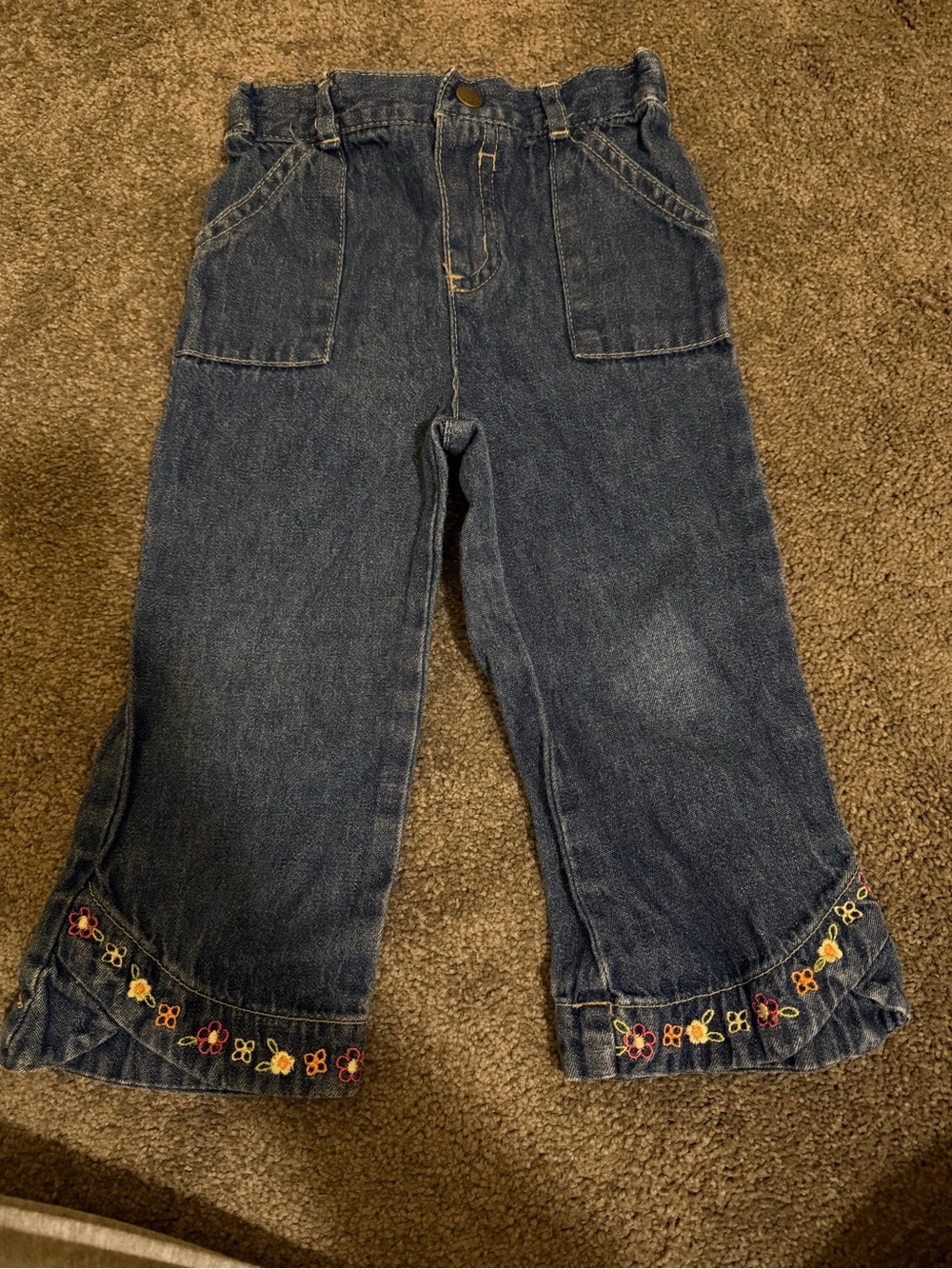 Faded Glory Dark Blue Denim Jeans with Floral Embroidered Hem
